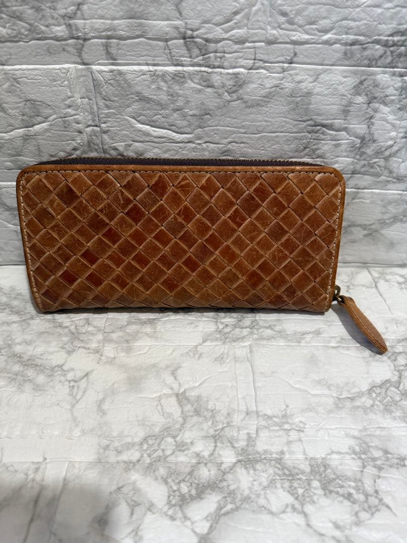 ブライドルレザー イントレチャート 編み込み メンズ 長財布 ラウンドファスナー