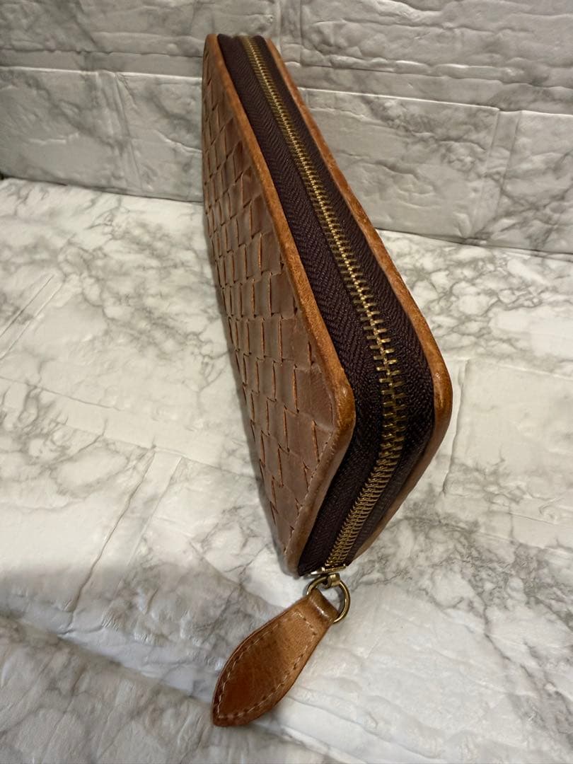 ブライドルレザー イントレチャート 編み込み メンズ 長財布 ラウンドファスナー