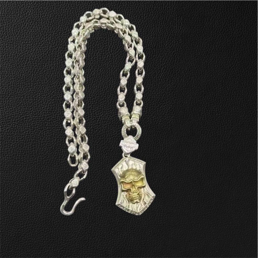 ヴィンテージ メンズレトロ S925刻印 金銀のネックレス シルバースカル　骸骨