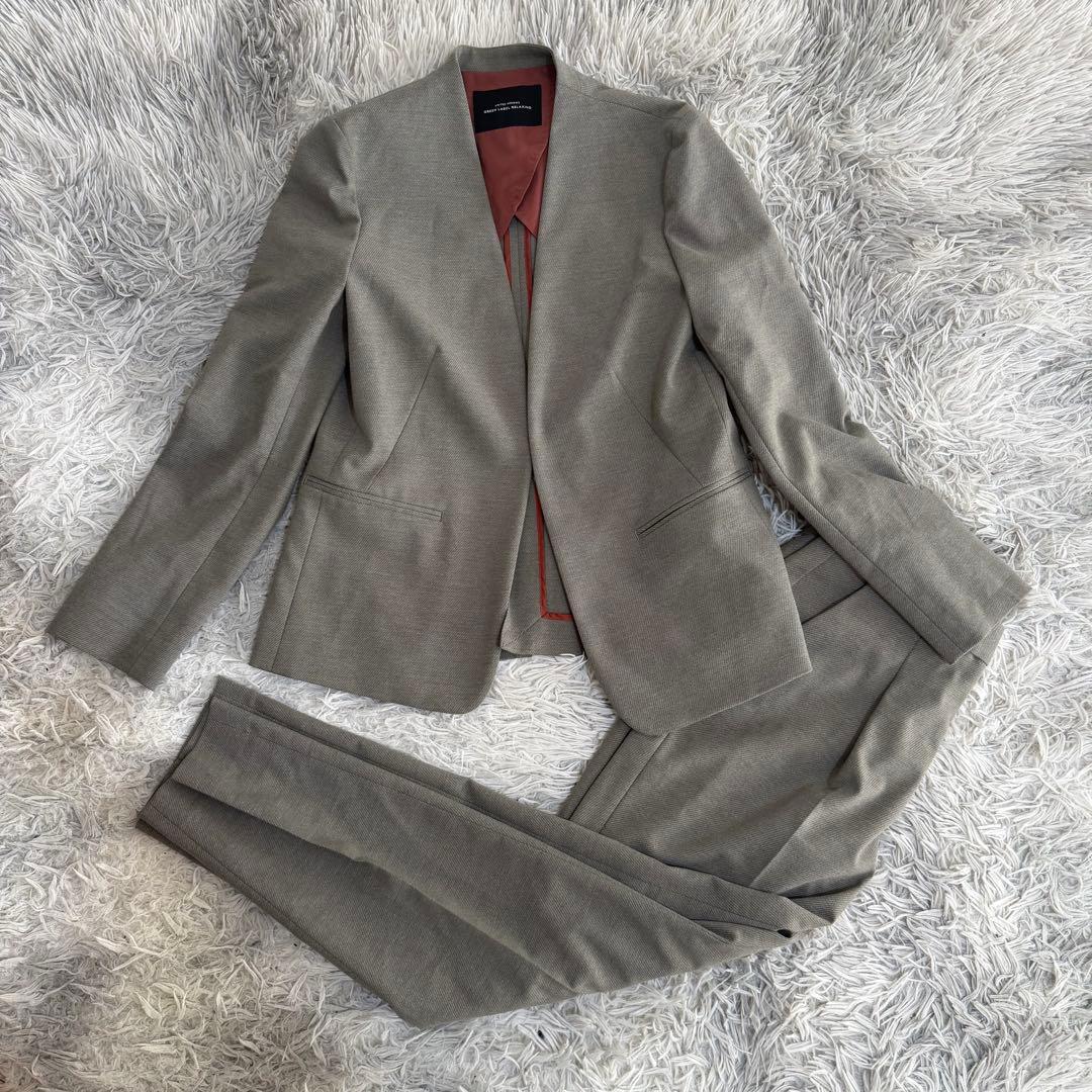 美品 グリーンレーベルリラクシング セットアップスーツ ノーカラー 洗濯可