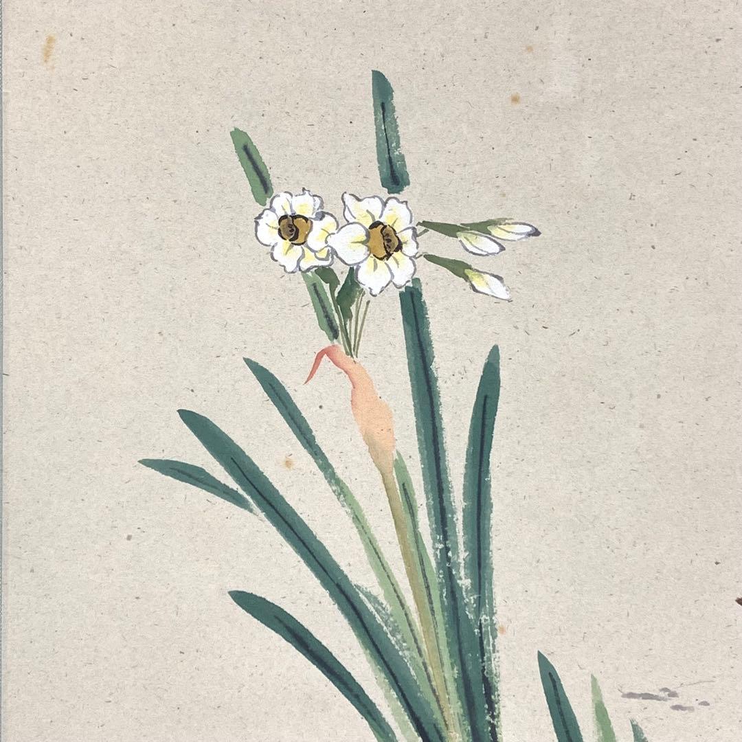 掛軸 奥田吟水 水仙に雀 共箱 花鳥図