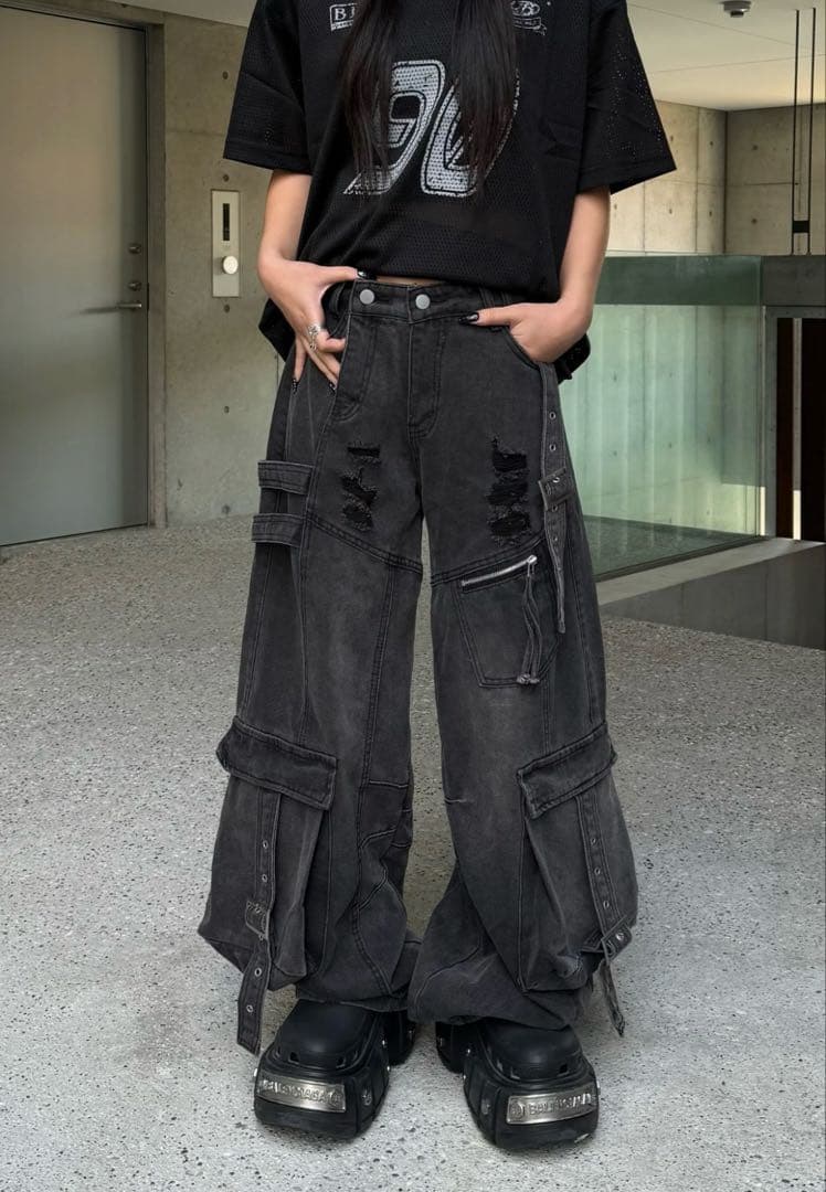 ksg ワイドレッグベルトデザインデニム　ワイドパンツ　カーゴパンツ