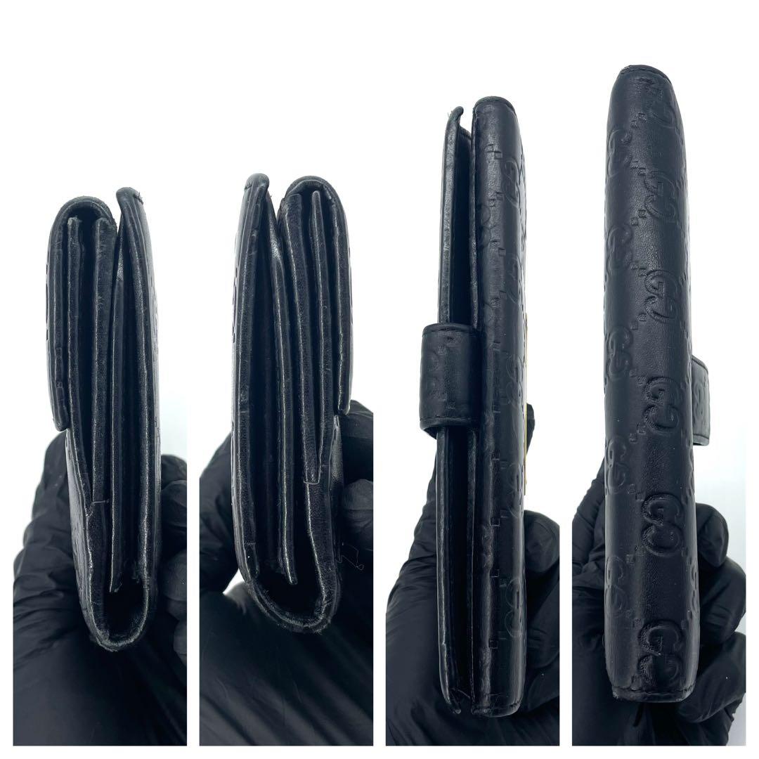 美品✨グッチ 長財布 レザー Wホック GGシマ ブラック 金ロゴプレート