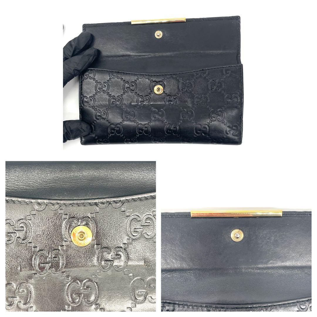 美品✨グッチ 長財布 レザー Wホック GGシマ ブラック 金ロゴプレート