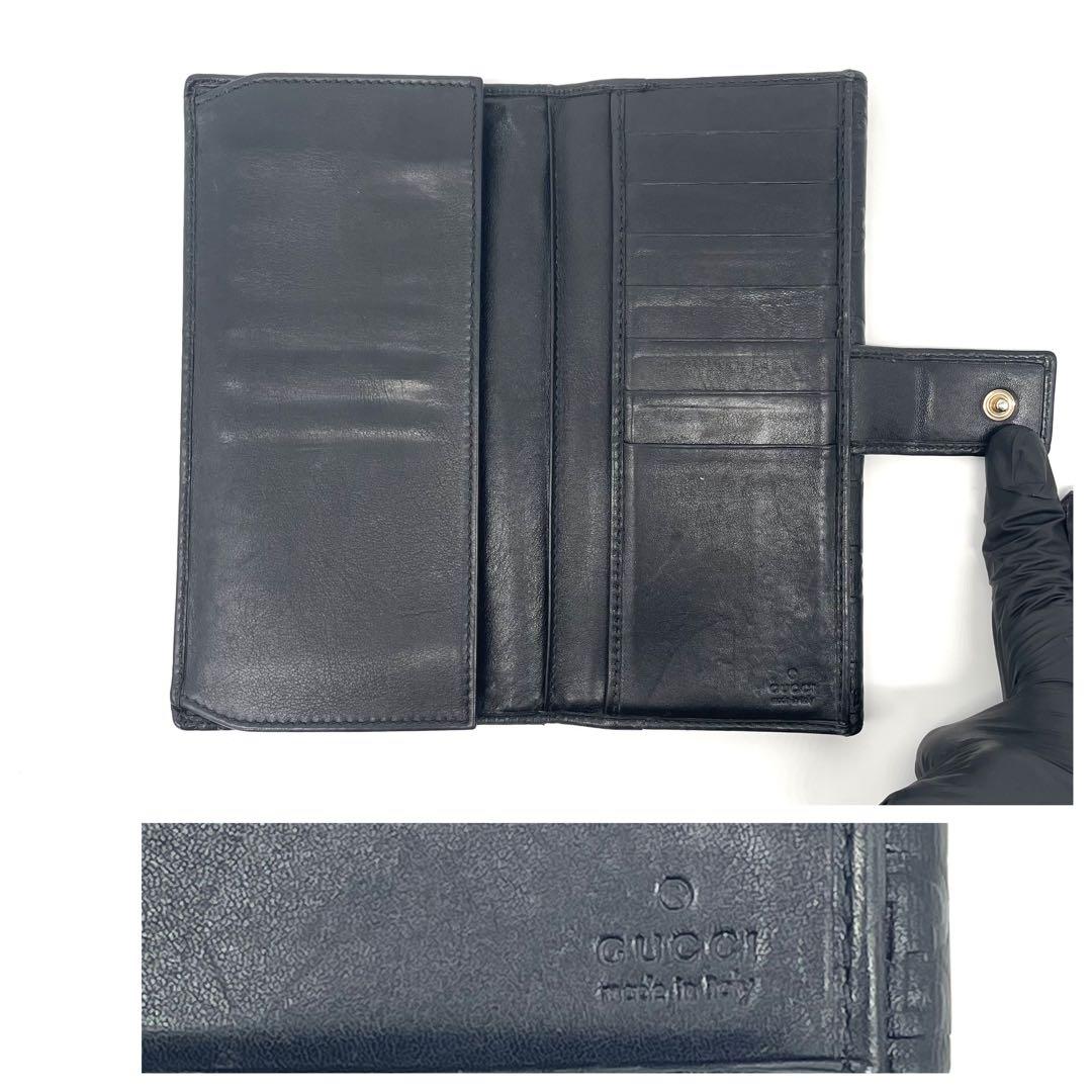 美品✨グッチ 長財布 レザー Wホック GGシマ ブラック 金ロゴプレート