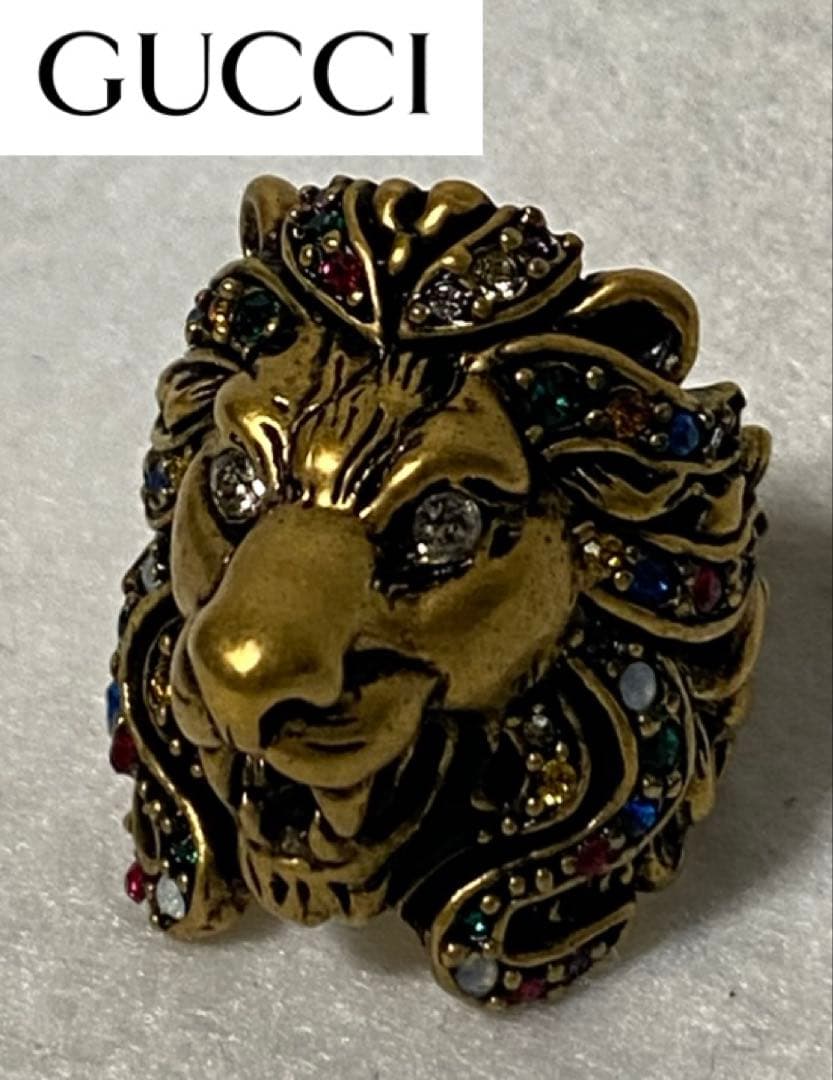 GUCCI グッチ ライオン マルチカラーラインストーン リング 16号
