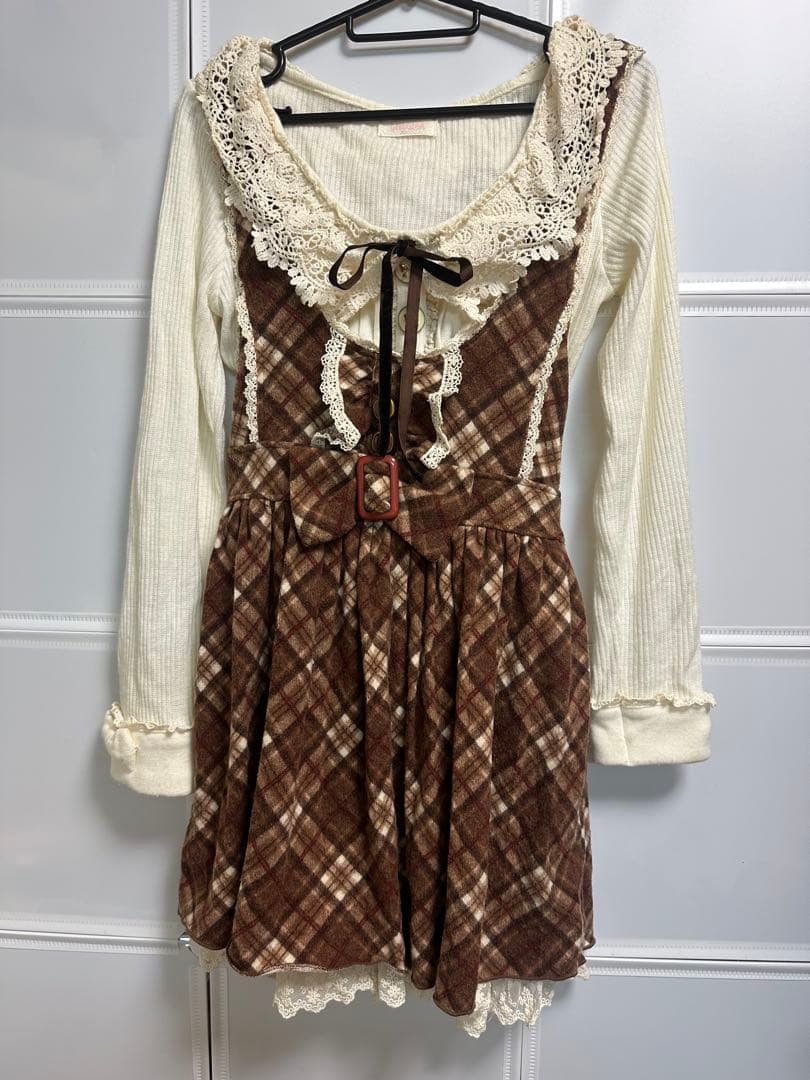 LIZLISA ブラウン チェック柄 ワンピース ジャンパースカート　長袖
