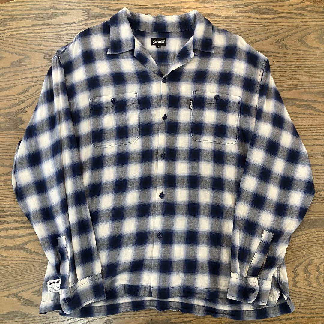 【超美品】Schott ショット オンブレ チェックシャツ レーヨンXL ブルー