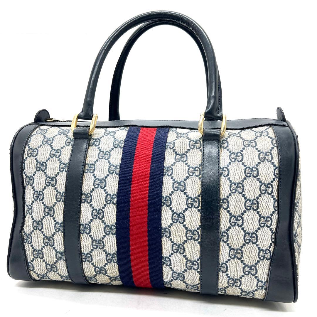 【美品】グッチ ミニボストンバッグ GG シェリーライン PVC ネイビー