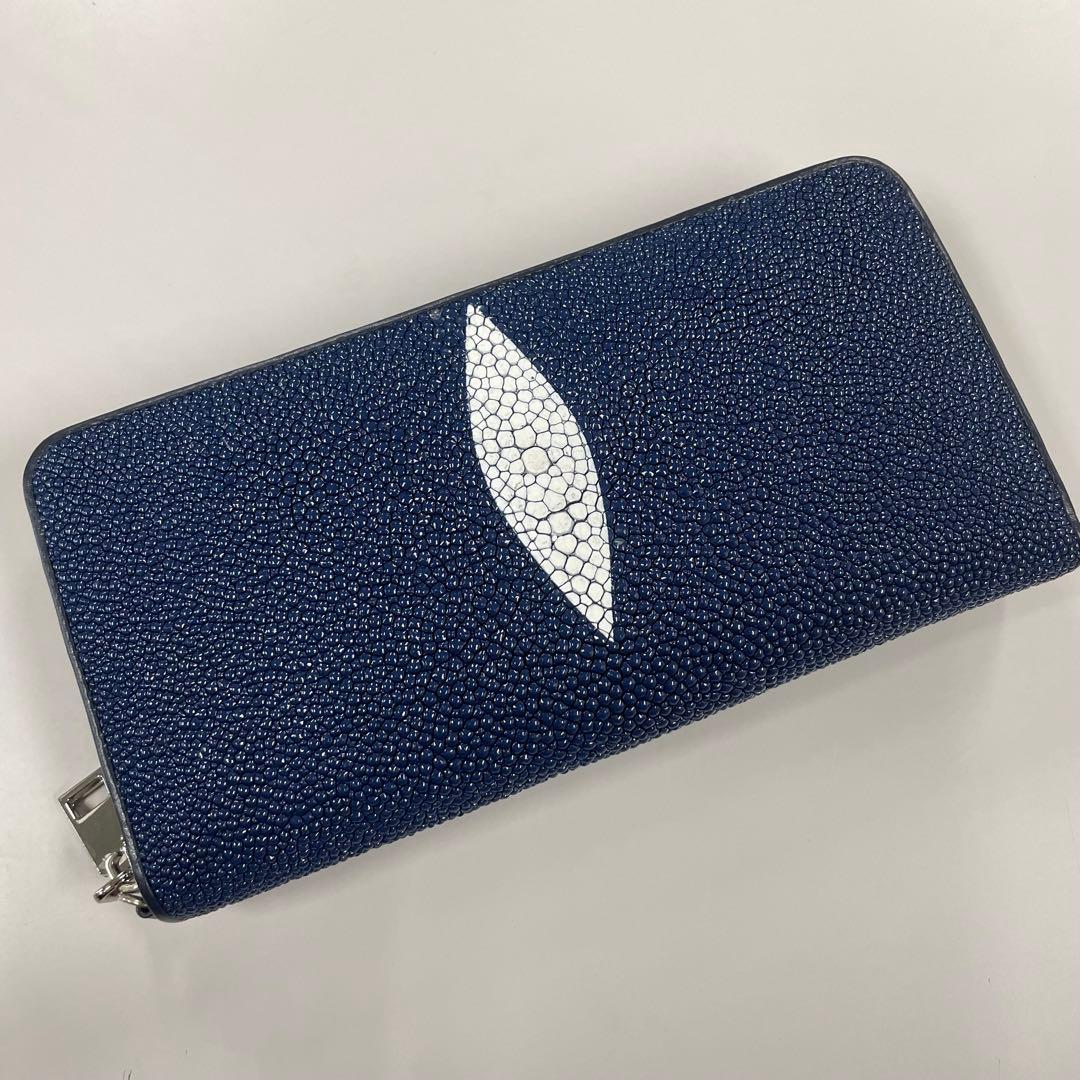 スティングレイ 長財布 ネイビー ストラップ付 大容量 本革 ラウンドファスナー