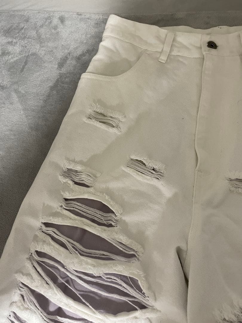 GRANCYスウェットドッキングデザインダメージバギーデニムパンツ ホワイト