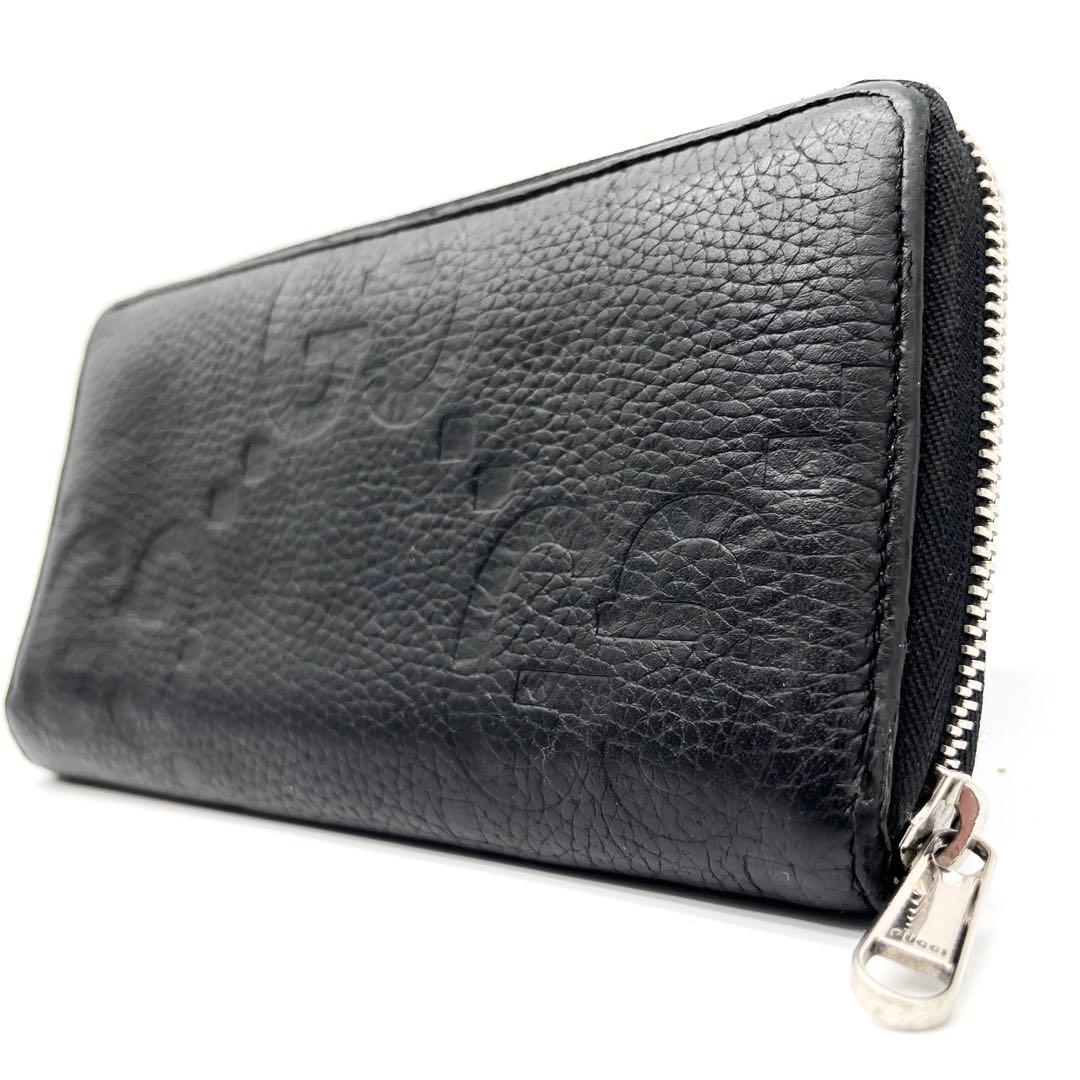 【美品】GUCCI ラウンドファスナー　エンボス　ジャンボＧＧ　ブラック