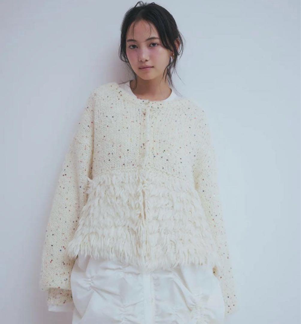 【Andequal】 fringe design gritter knit 白