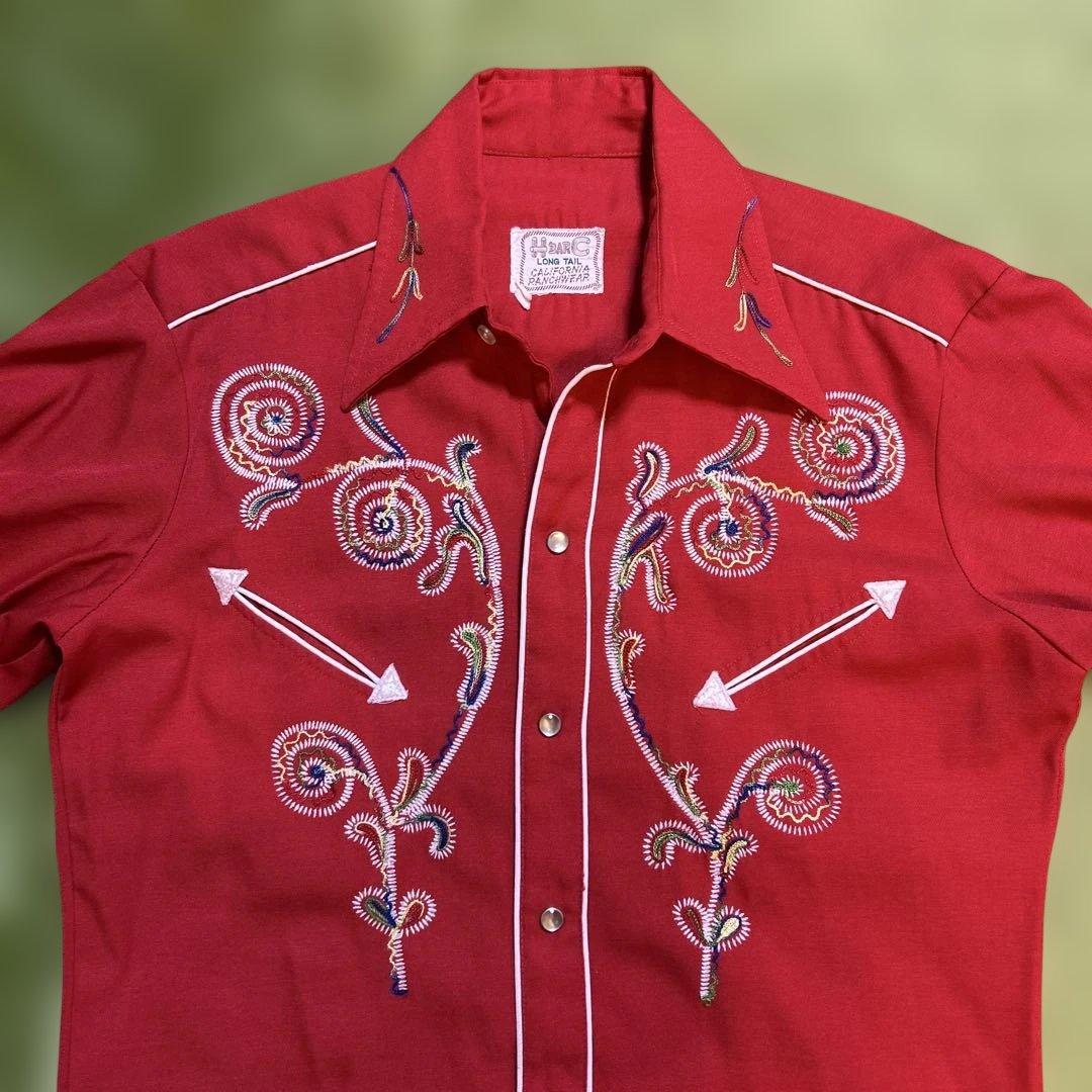 70's H BAR C ウエスタンシャツ　M レッド　刺繍