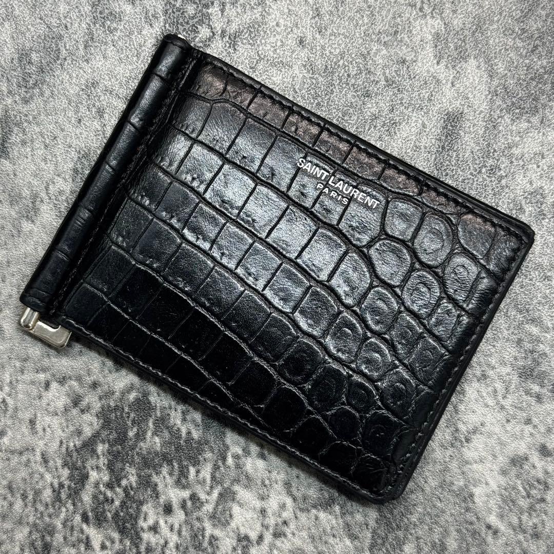 極美品✨サンローラン マネークリップ クロコ 折り財布 プリントロゴ 黒