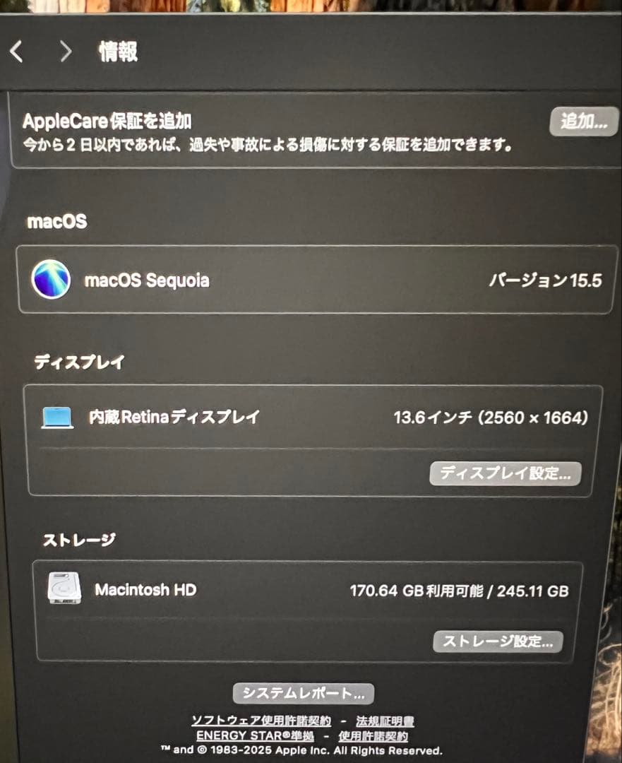 MacBookAir m4256GB、16GBシルバー 充電器最新　5年延長保証