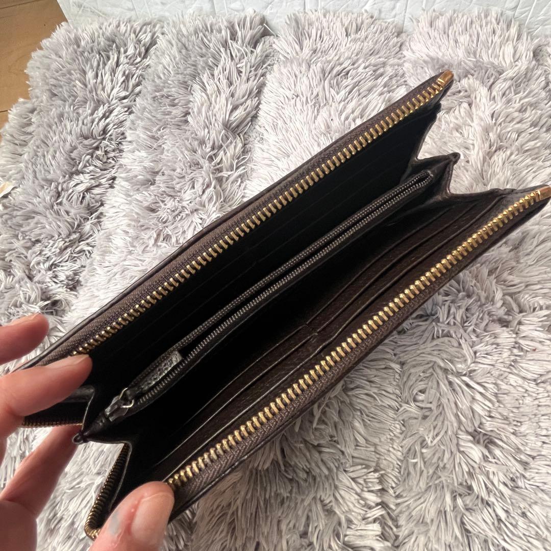 良品　GUCCI シマ　ラウンドファスナー　L字　ダークブラウン　長財布
