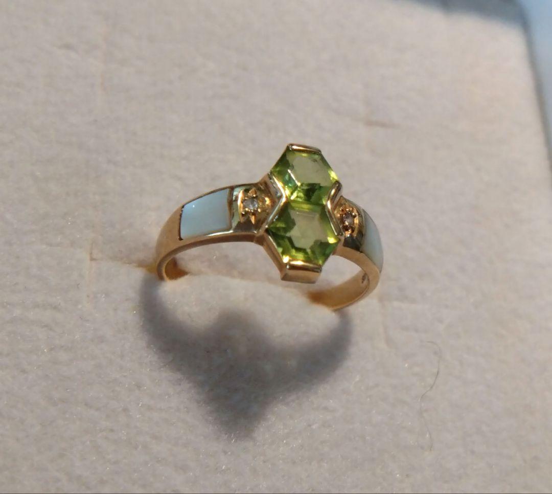 K18 ペリドット 白蝶貝 ダイヤ リング 11号