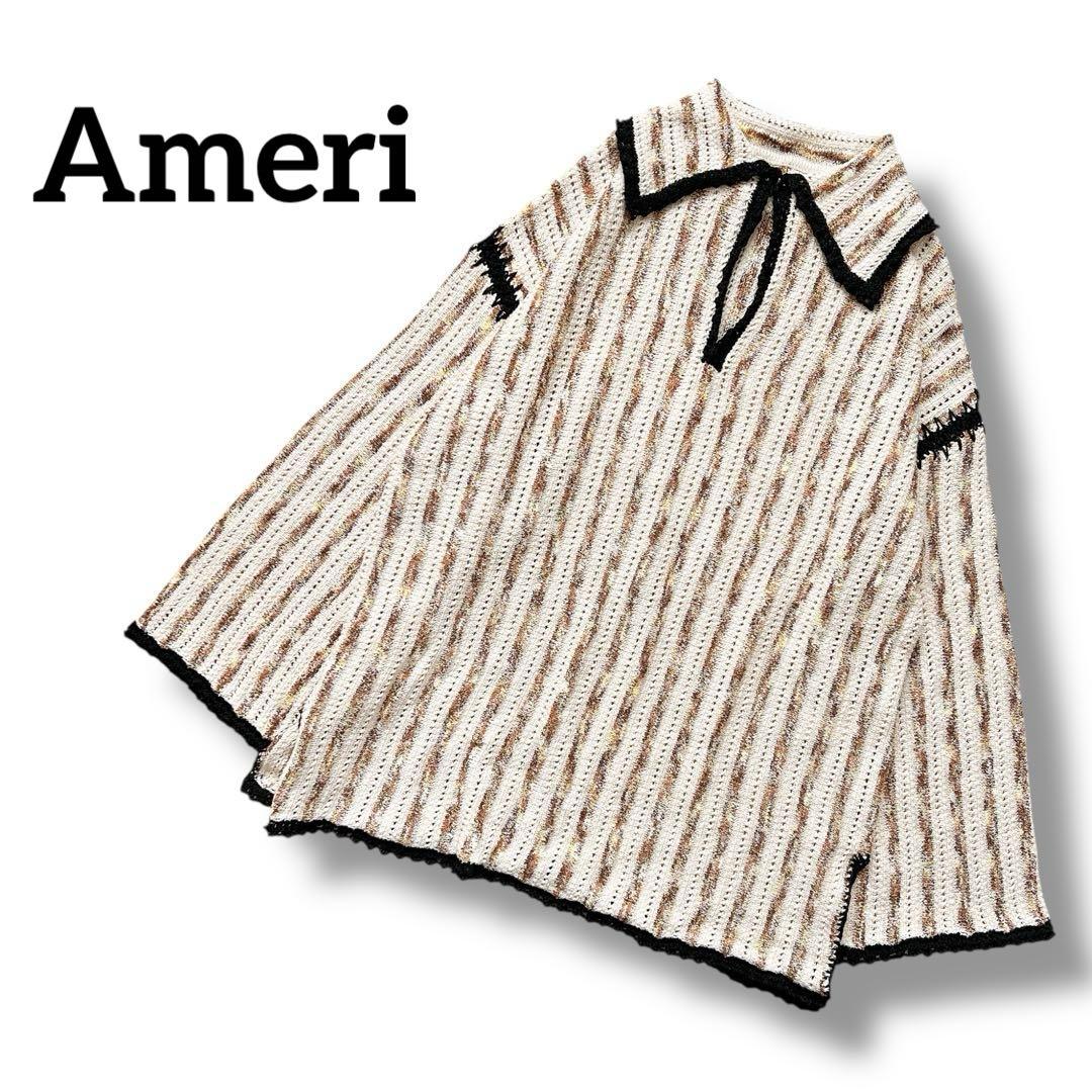 Ameri 　HAND STITCH STRIPE KNIT TOP　ベージュ