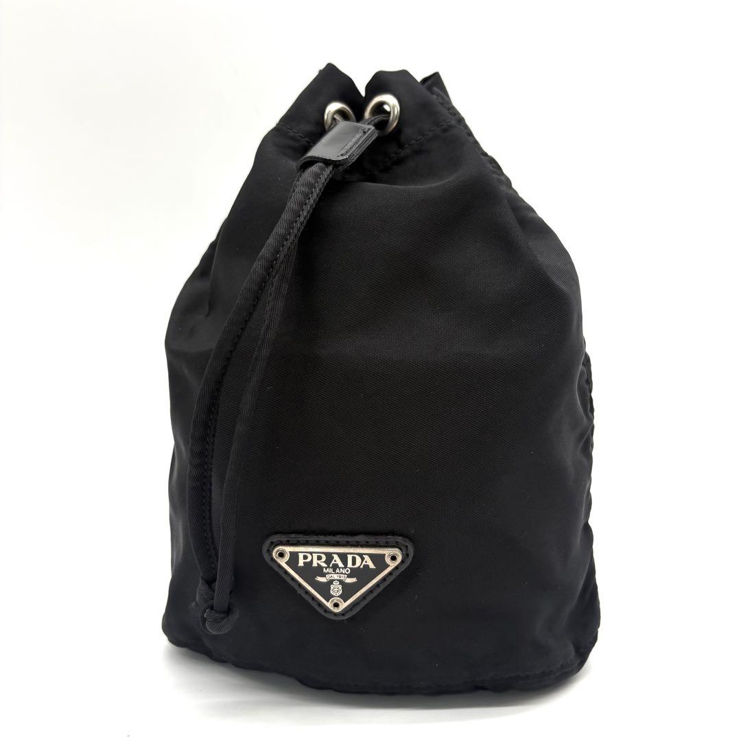 【我儘様】PRADA 巾着ミニポーチ バッグ ナイロン 三角ロゴ ブラック