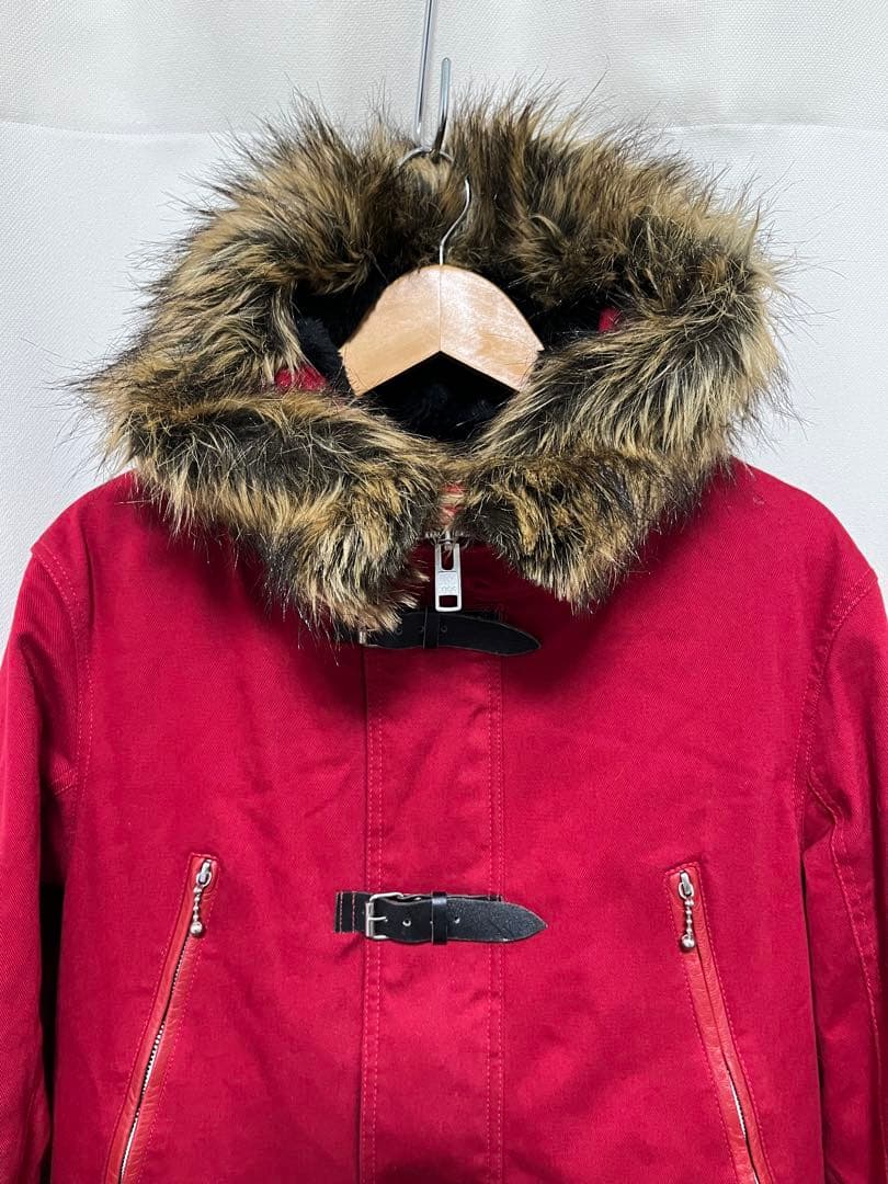 JIMSINN レザーパーツ使用 ベルト ファー付き ダック地 コート 赤 M