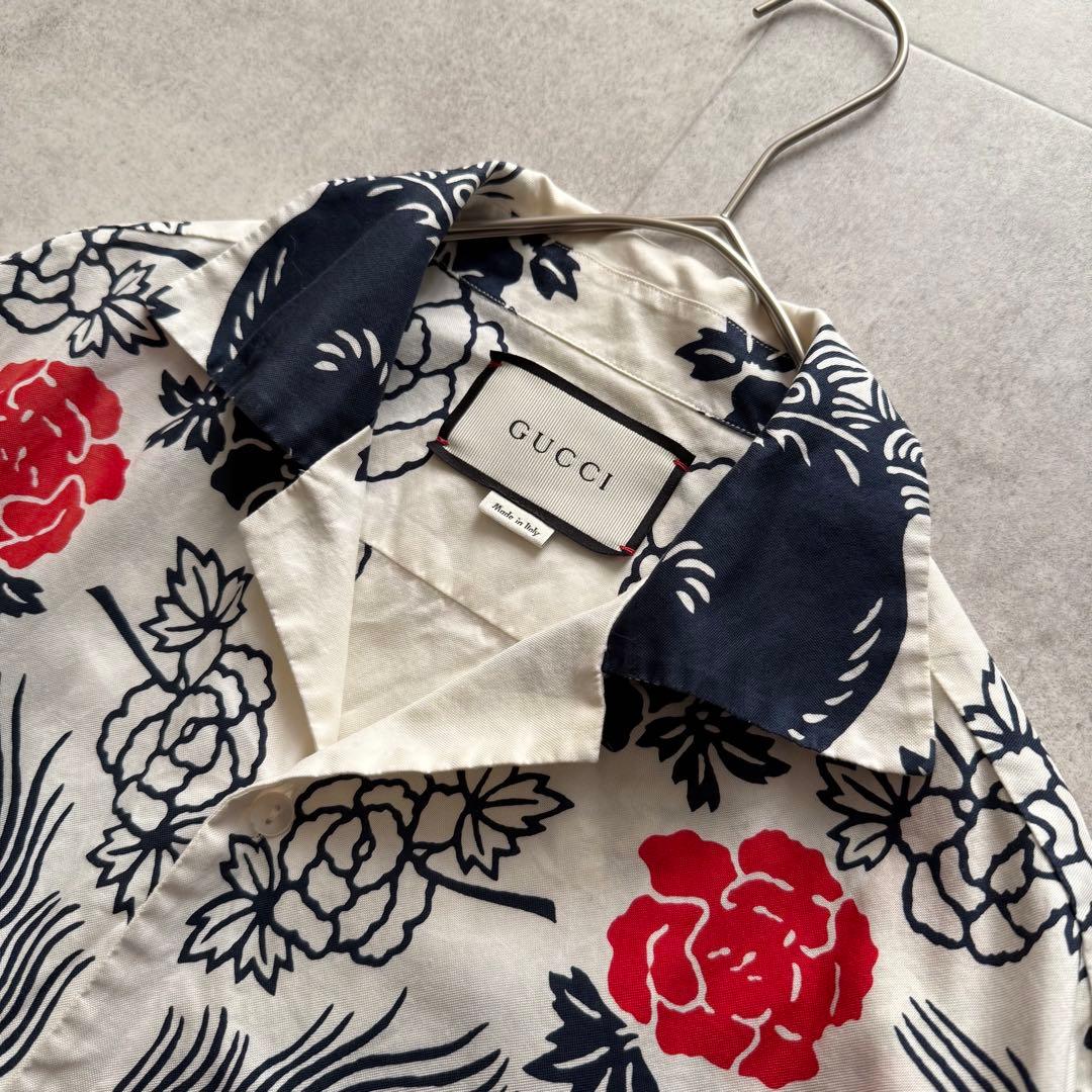 グッチ　アロハシャツ　かりゆしシャツ　シーサー　花柄　半袖　白　44　コットン