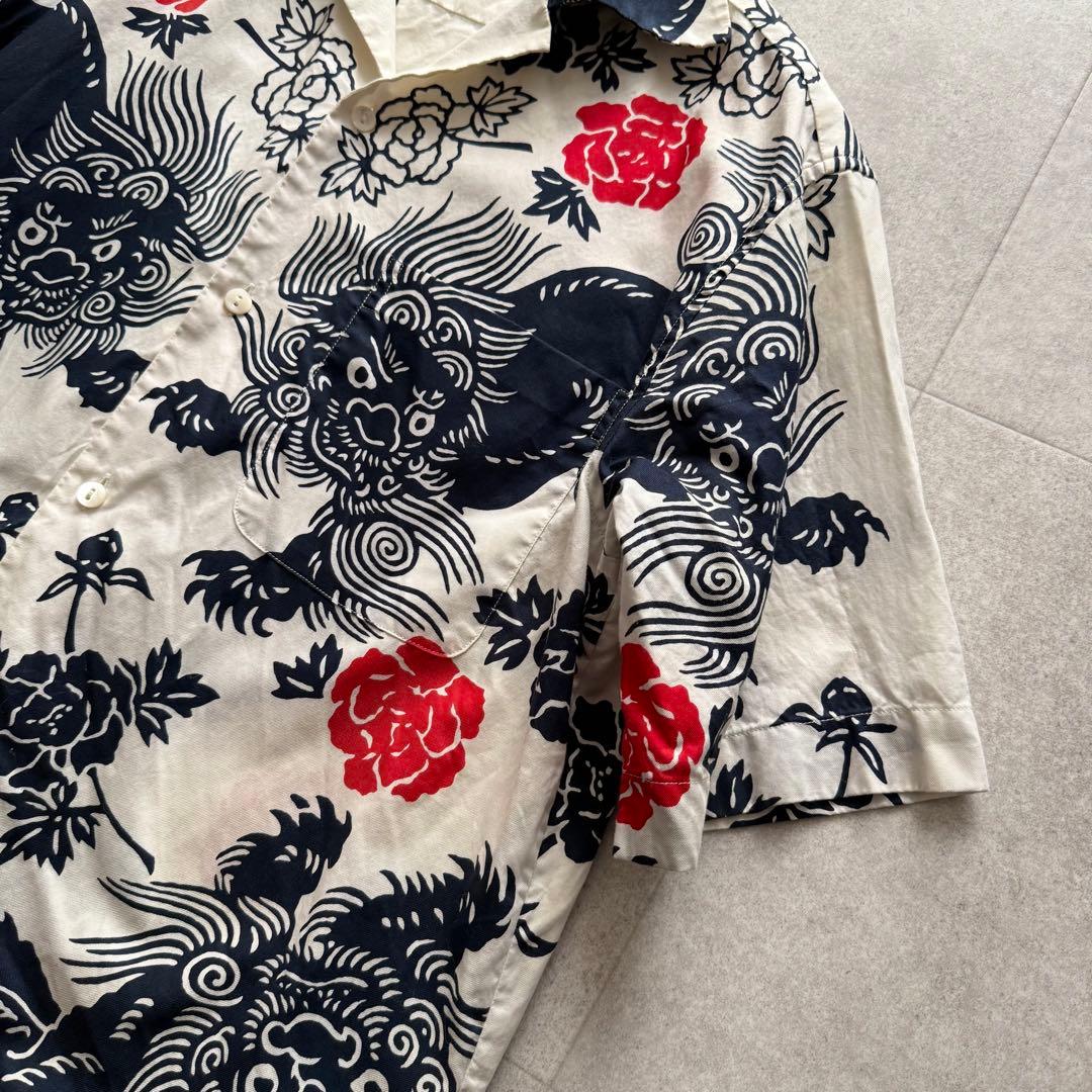 グッチ　アロハシャツ　かりゆしシャツ　シーサー　花柄　半袖　白　44　コットン