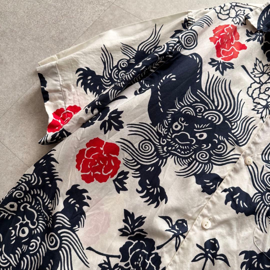 グッチ　アロハシャツ　かりゆしシャツ　シーサー　花柄　半袖　白　44　コットン