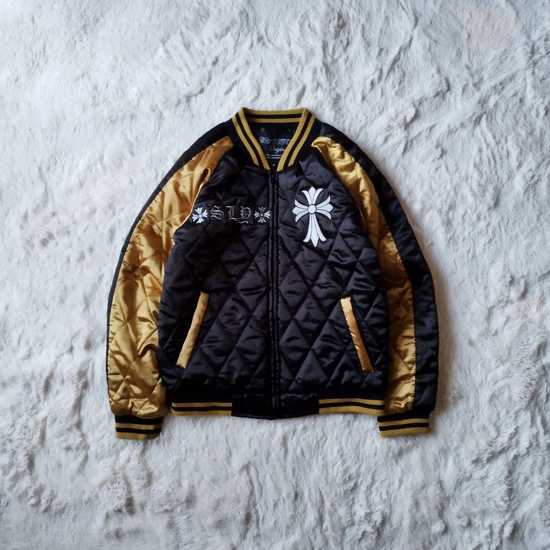 【希少レア】00s 刺繍 クロス スカジャン 黒 金 黄色 キルティング