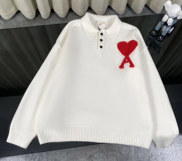 AMI PARIS ホワイト ポロセーター ハート刺繍