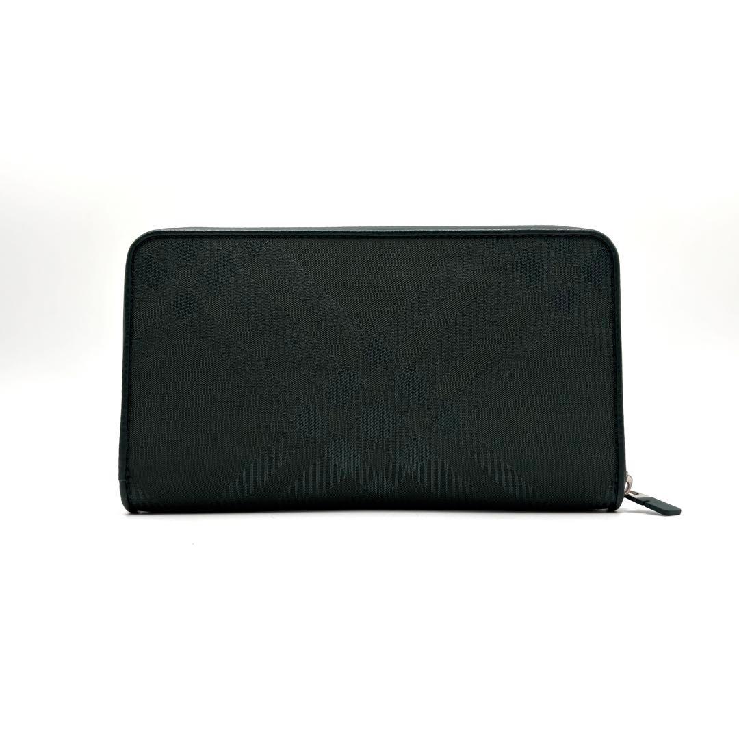 【現行・未使用に近い】バーバリー ラージチェックジャガード ジップウォレット 緑