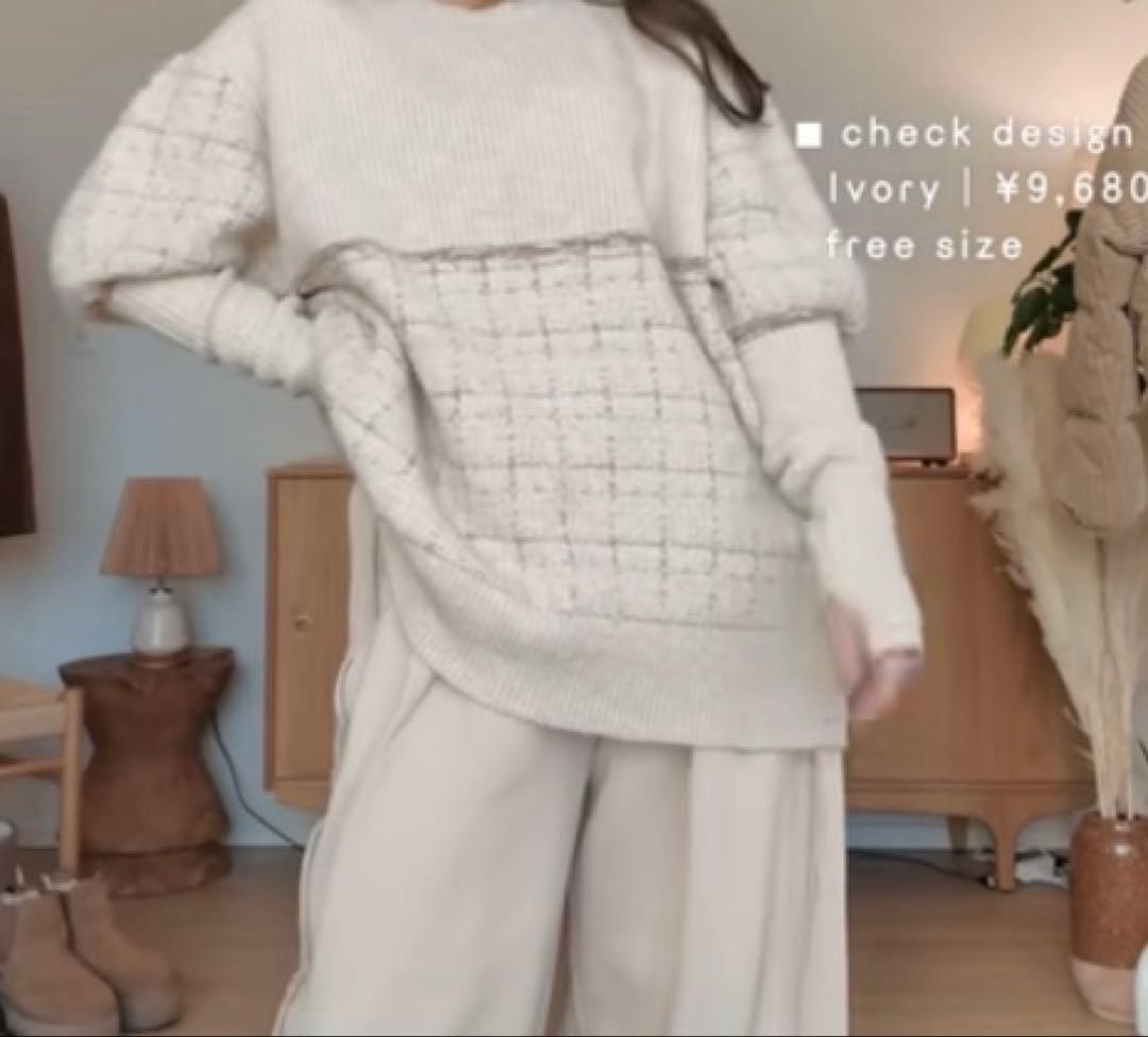 トップス ollun check design knit pullover ivory