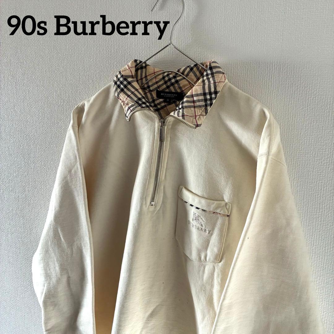 90sBurberryバーバリーハーフジップスウェットトレーナーノバチェックsm