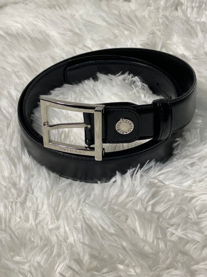 美品　BVLGARI レザーベルト ブラック シルバーバックル 本革 付属袋付き