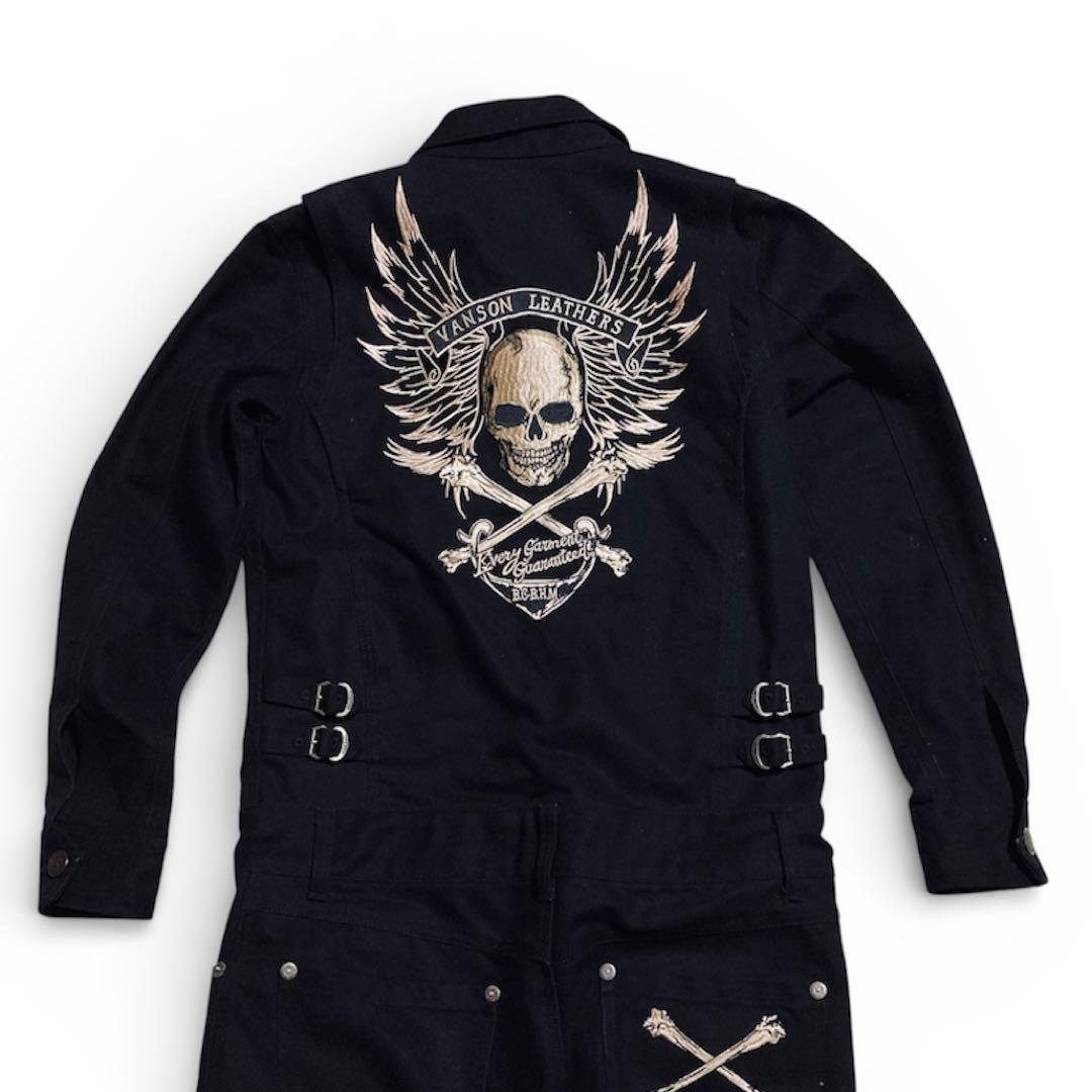 VANSON バンソン つなぎ オールインワン スカル刺繍 ブラック Sサイズ