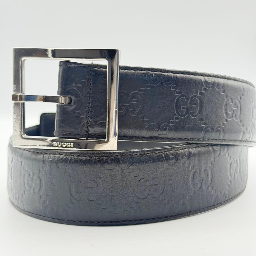 GUCCI グッチ ベルト スクエアバックル シマ GG柄 シルバー金具 レザー