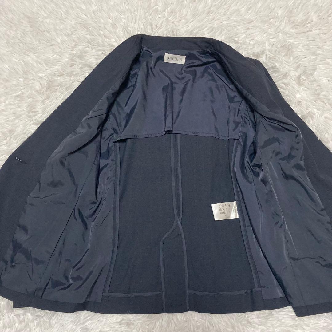 PLST スーツ　セットアップ　ノーカラー　Lサイズ　リネン混　ネイビー