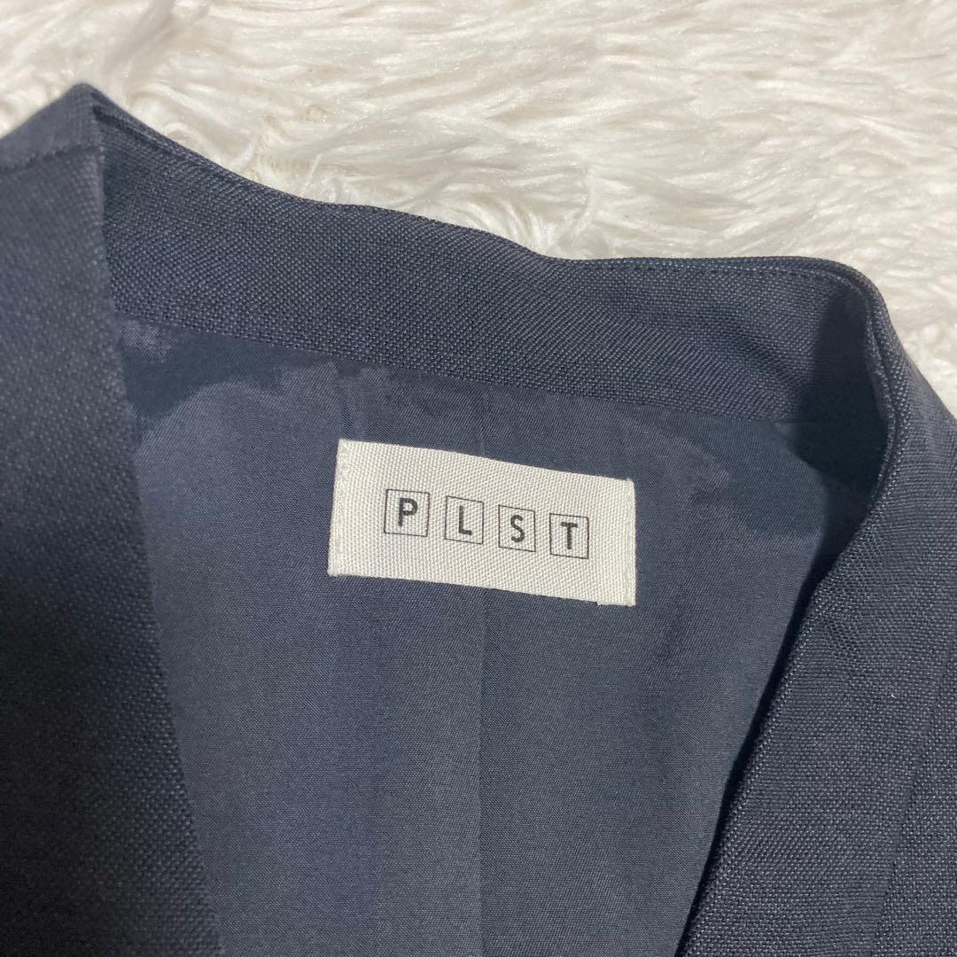PLST スーツ　セットアップ　ノーカラー　Lサイズ　リネン混　ネイビー