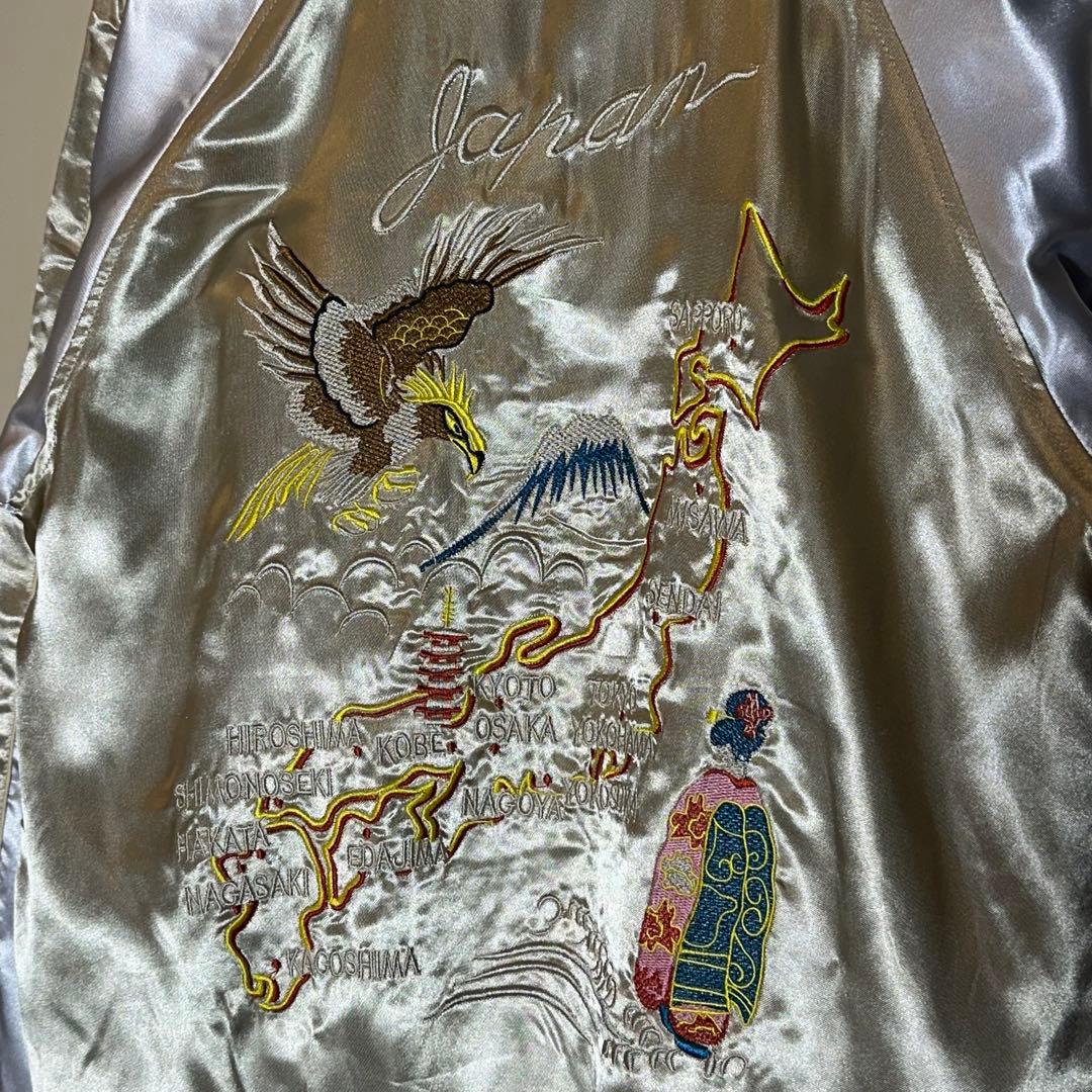 【新品】スカジャン 日本地図 鷹 舞妓 富士山刺繍 サテンスーベニア和柄ベージュ