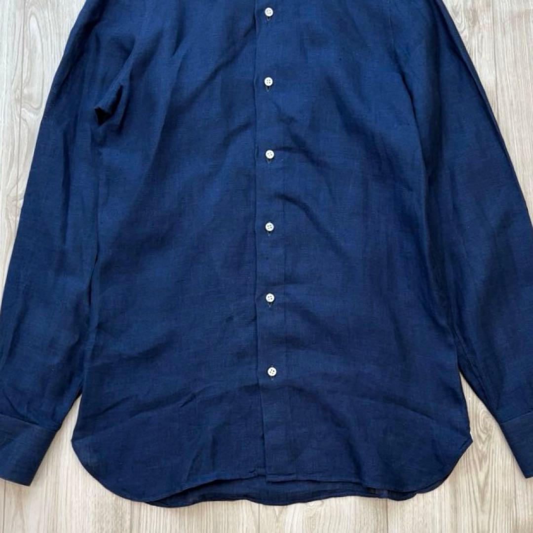 【極美品】BORRELLI リネン100% ドレスシャツ ネイビー 37 S