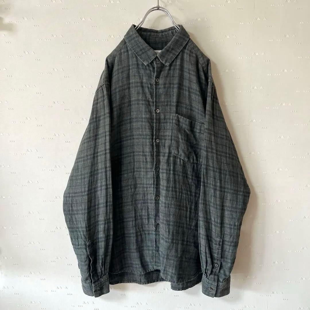 古着 コンフェクト リネンシャツ 墨黒 フェード チェック
