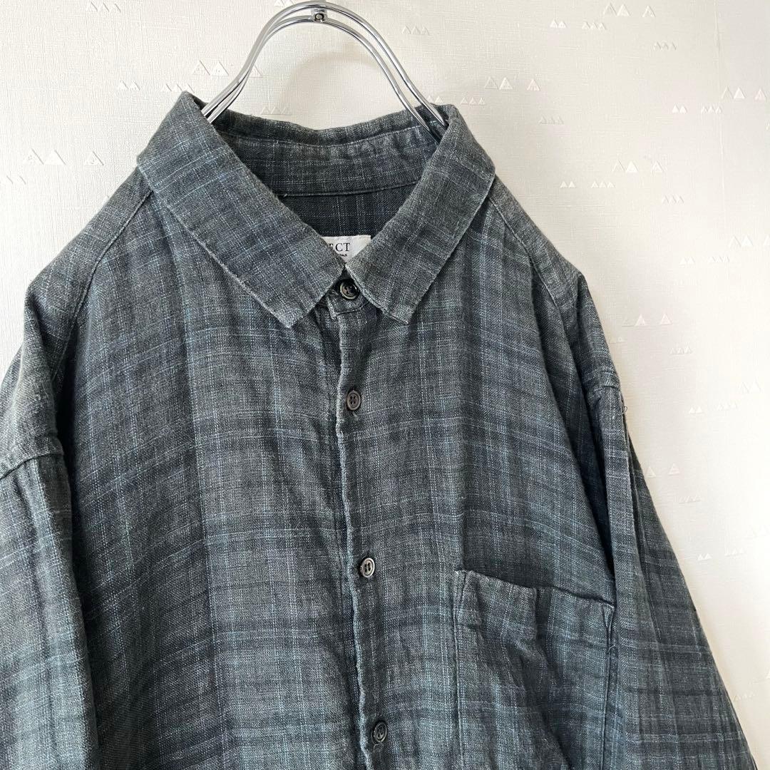 古着 コンフェクト リネンシャツ 墨黒 フェード チェック