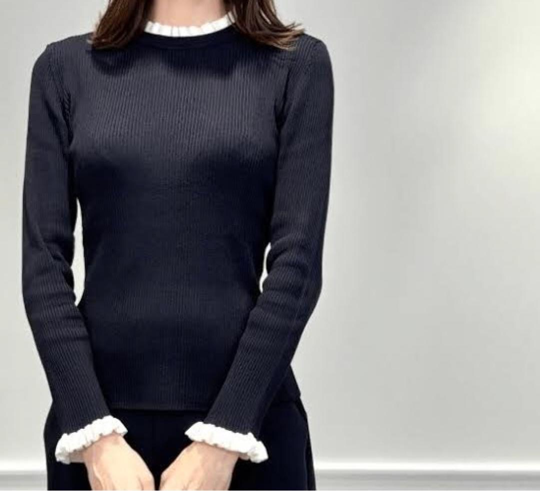 m-i-d エムプルミエ　バイカラーフリルリブニットプルオーバー