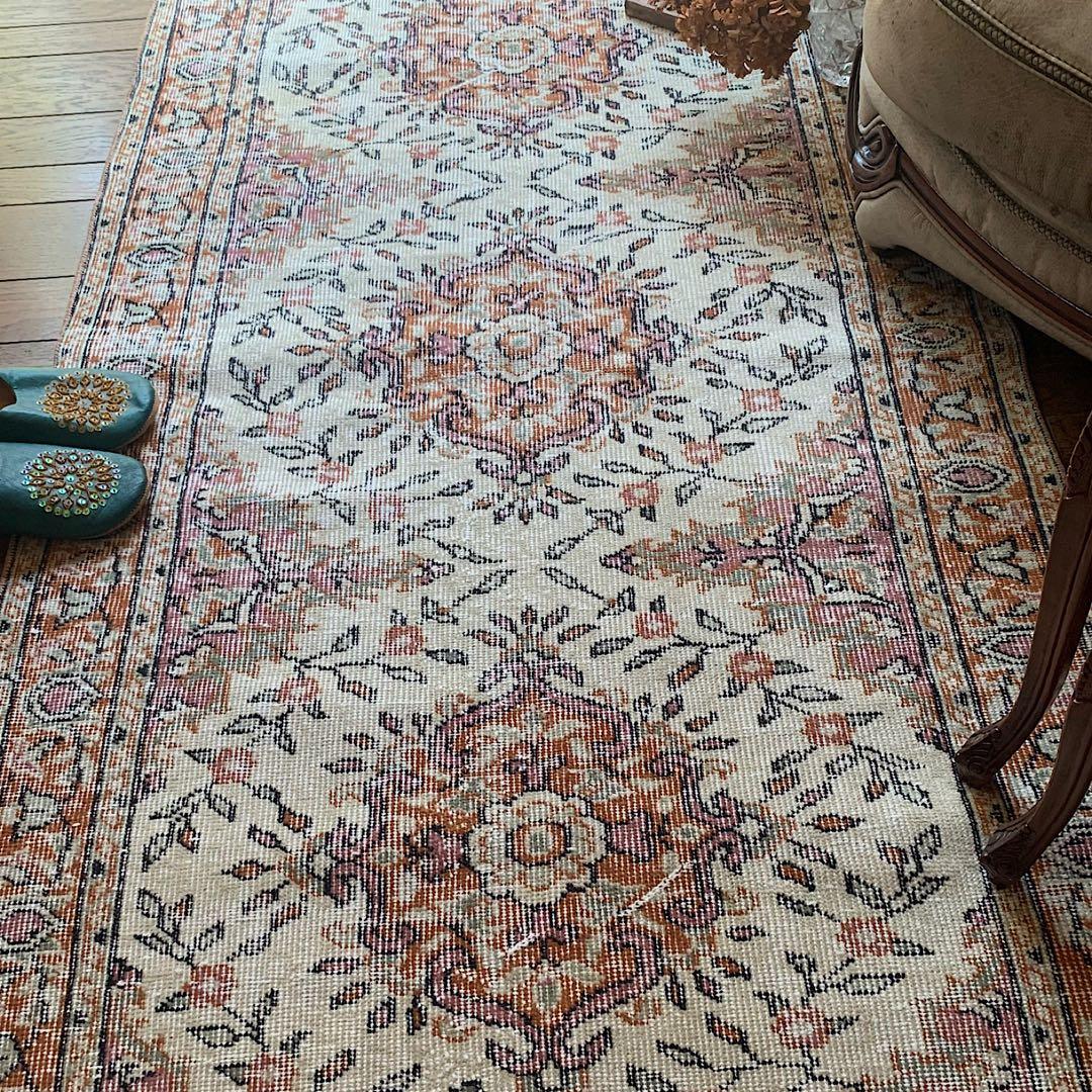 ペールオレンジ200×97 フラワーメダリオン　トルコヴィンテージラグ