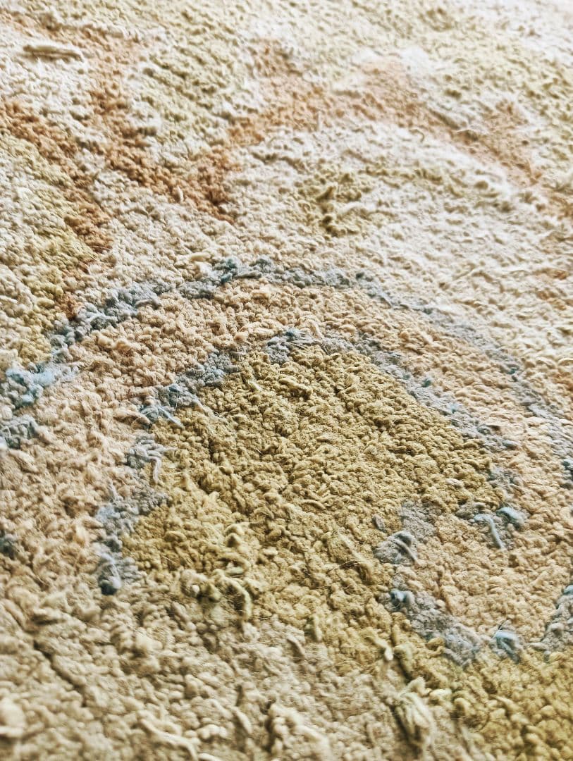 アンティーク緞通　苔色の古びた緞通のラグ　赤穂　堺　鍋島　屋敷　大正ロマン