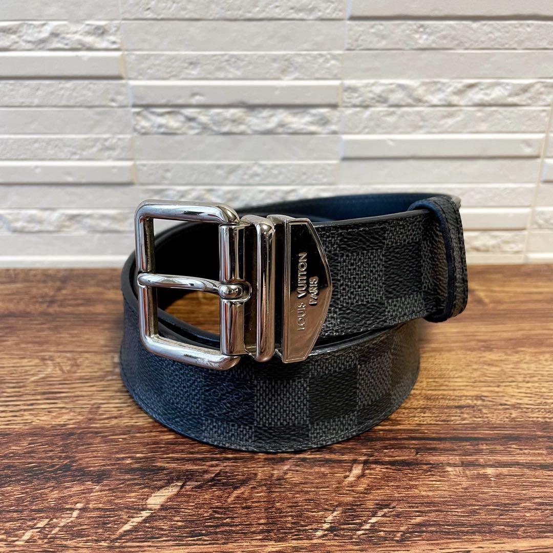 ルイヴィトン ダミエ レザー サンチュール ベルト シルバー金具 ブラック.