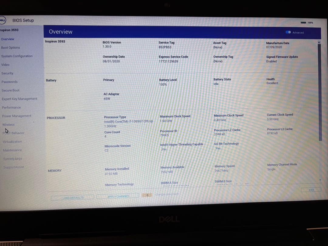 Dell Inspiron 3593 Core i7 / 8GB / 動作確認済