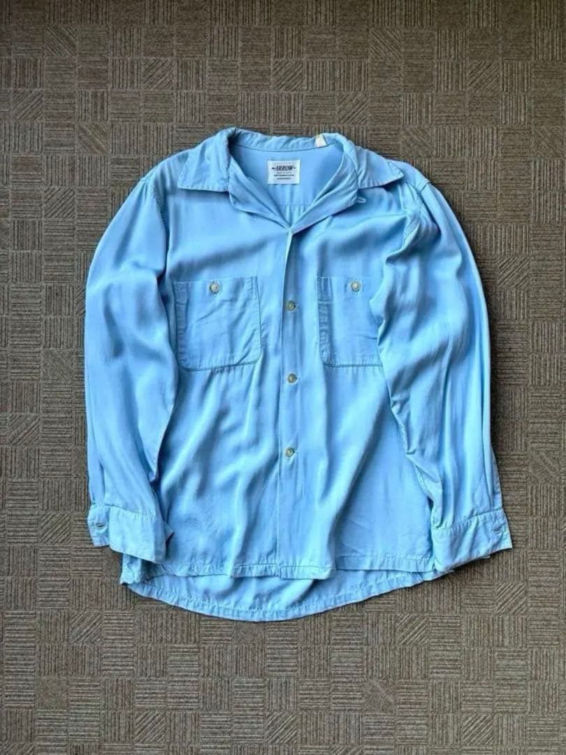 60s ARROW 淡ブルー レーヨンギャバジンシャツ　usa製　ヴィンテージ