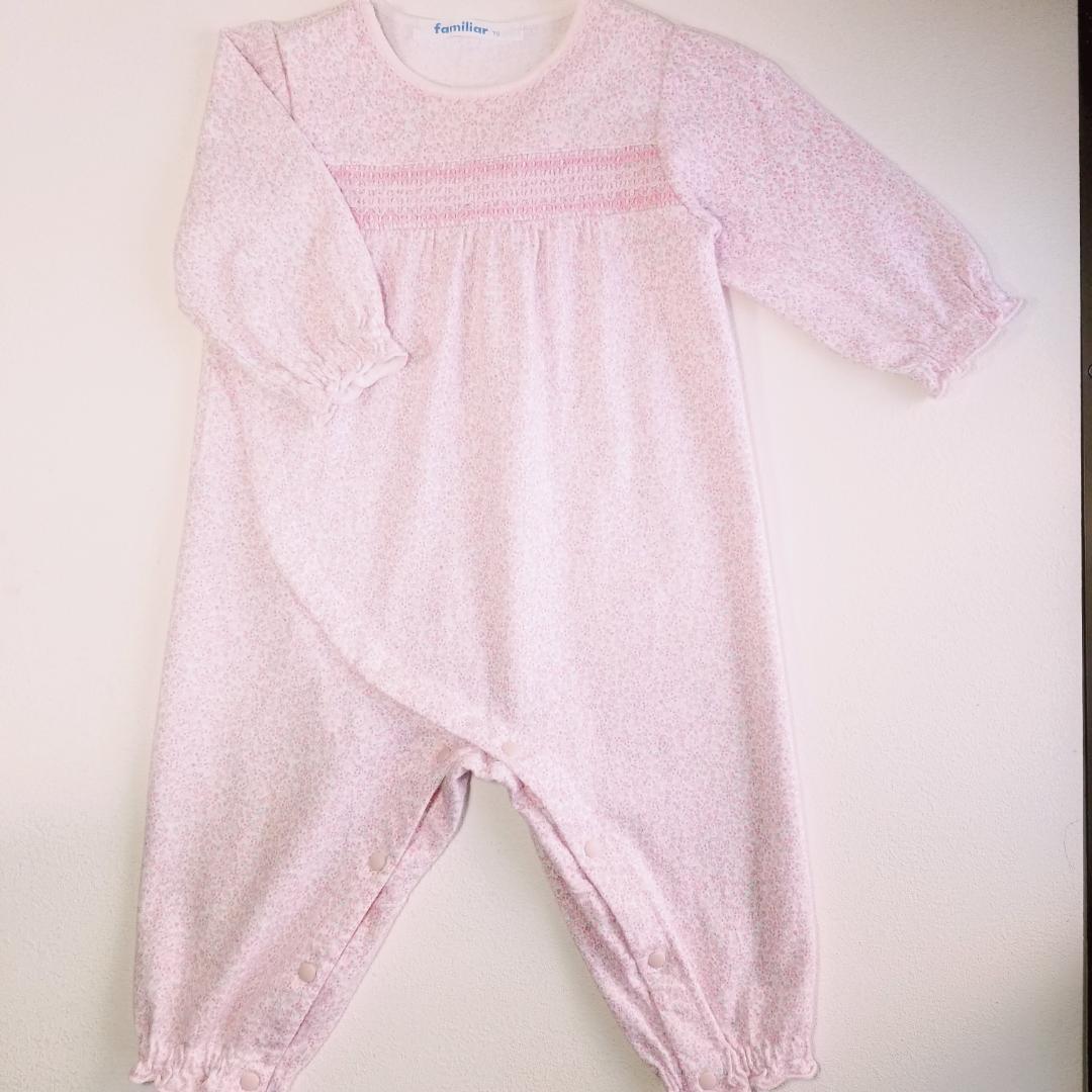 3600 3596【美品】 ファミリア ロンパース 70 長袖 ピンク 花柄