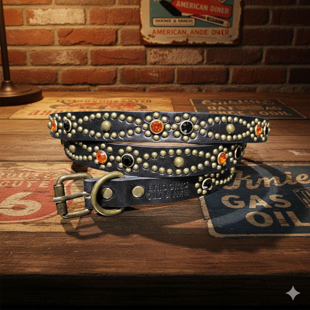 クロス橙■本革レザーフルスタッズナローベルト☆ヴィンテージアメカジビンテージ古着